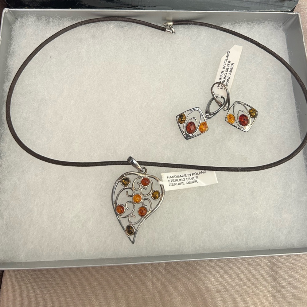 NWT Sterling Silver & Amber Necklace and Earring set.